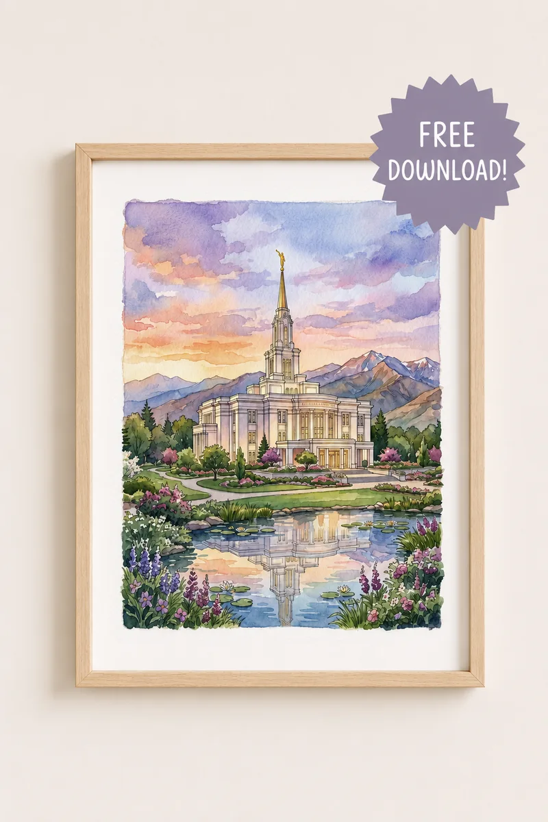 Payson Utah Temple printable — sunset watercolor painting of the temple reflected in a garden pond